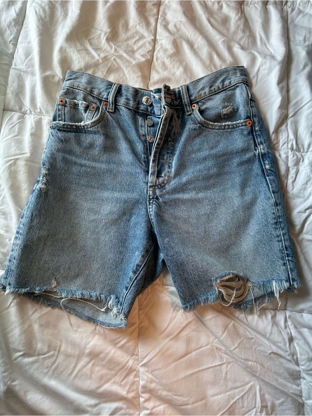 Mango Distressed Denim Shorts - Light Blue